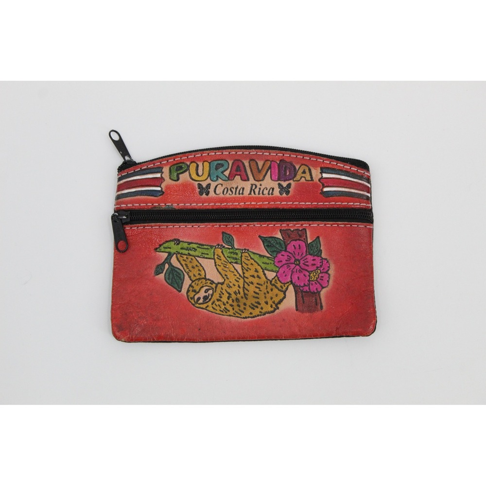 Pura Vida Costa Rica Hand Painted Leather Sloth Coin Purse Red Pouch Zipper Bag
